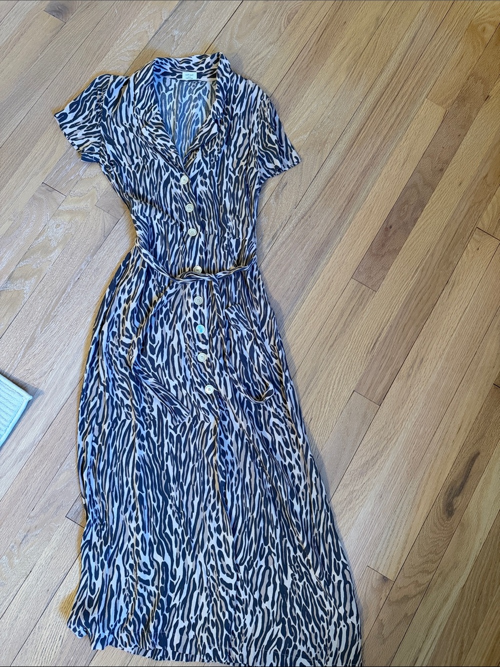 Aritzia Wilfred Button-Front Maxi Dress in Black and Cream Animal Print
